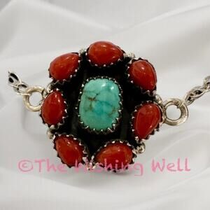 Italian Coral & Kingman Greenish Blue Turquoise Bracelet 8” Adjustable